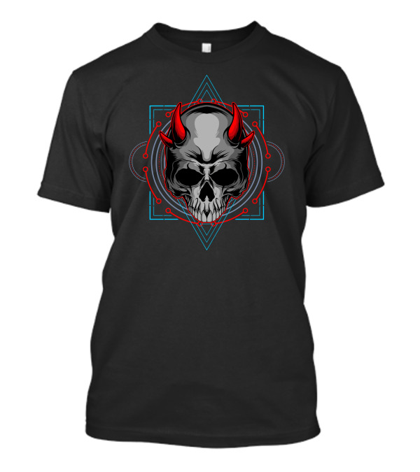 Demon Skull Head Graphic Red Horns Geometric Background T-Shirt