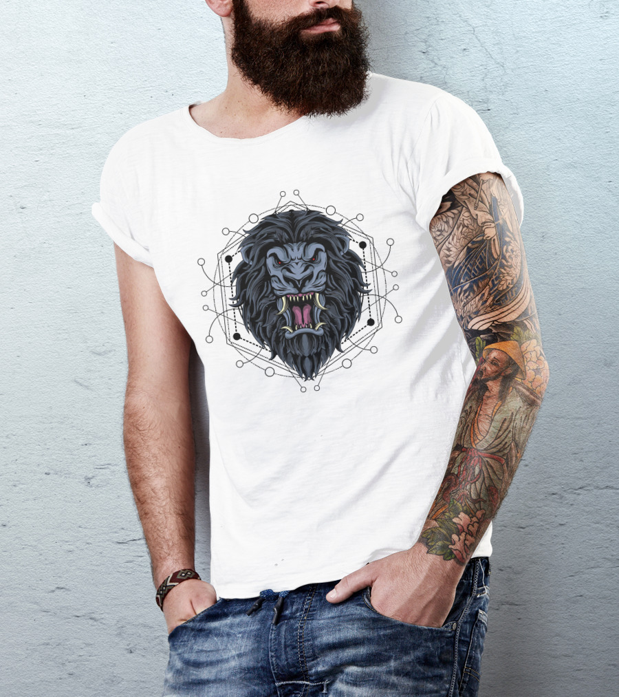 Epic Dark Lion Geometric Symbol Fierce Head T-Shirt