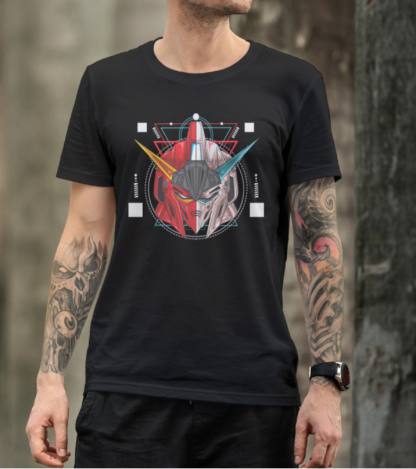 Faced Robot Mecha Head With Symmetrical Geometric Background T-Shirt