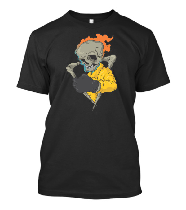 Flaming Skull In Yellow Jacket With Fiery Hair And Skeleton Hands T-Shirt