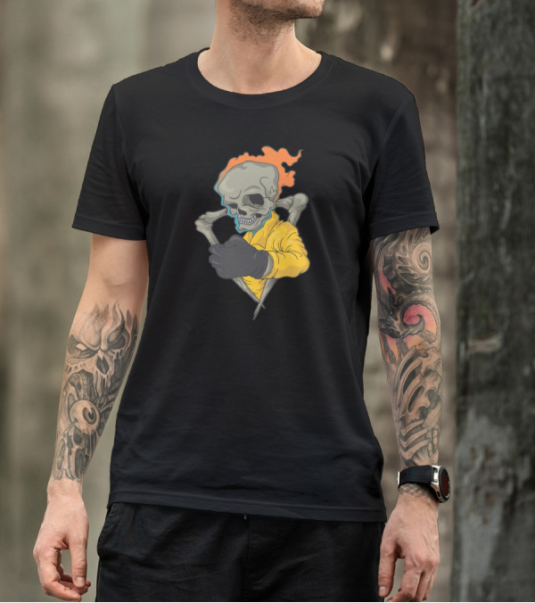 Flaming Skull In Yellow Jacket With Fiery Hair And Skeleton Hands T-Shirt