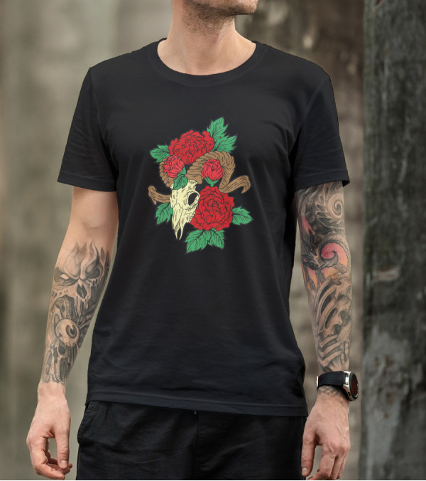Goat Skull With Red Roses And Green Leaves T-Shirt
