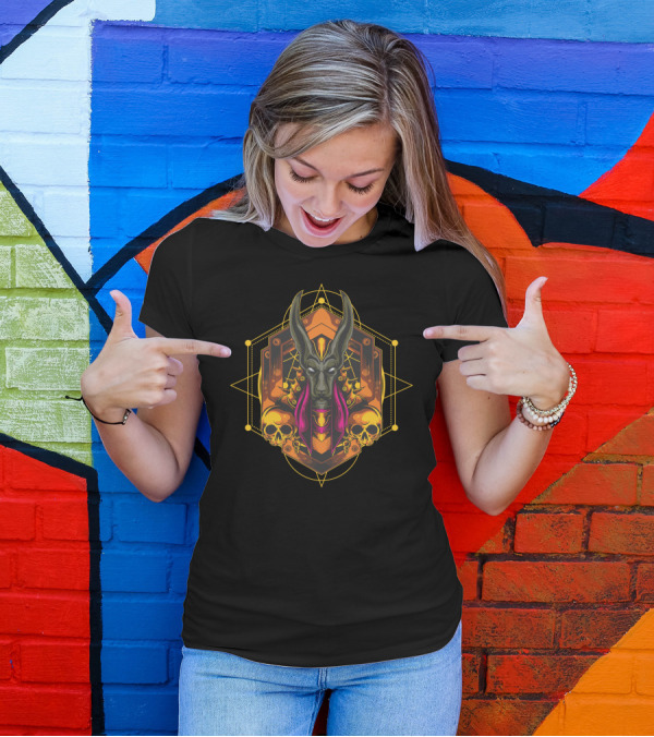 Gold Armor Anubis Geometric Design With Skulls And Sacred Geometry Symbols T-Shirt