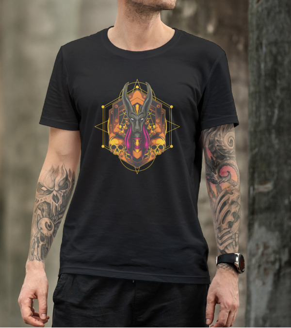 Gold Armor Anubis Geometric Design With Skulls And Sacred Geometry Symbols T-Shirt