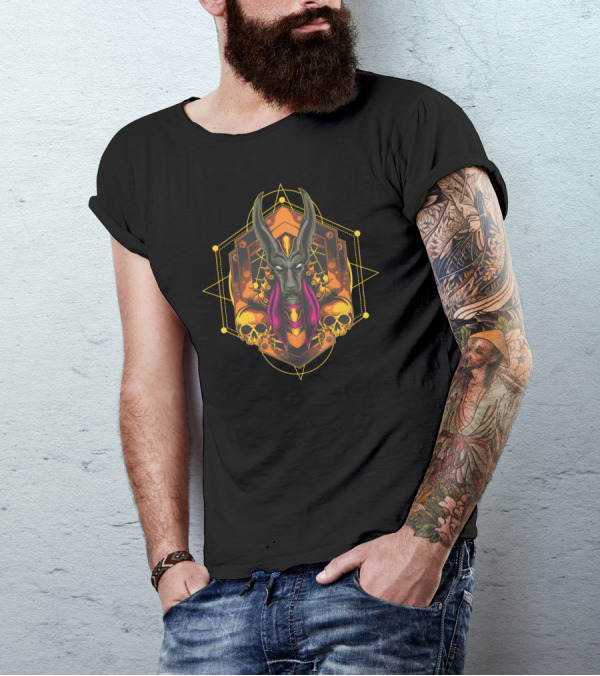 Gold Armor Anubis Geometric Design With Skulls And Sacred Geometry Symbols T-Shirt