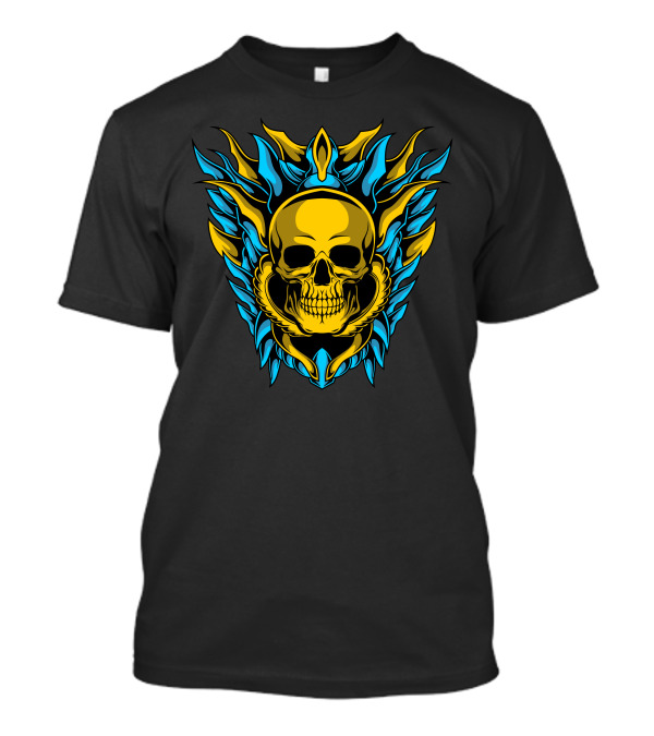 Gold Skull Surrounded By Blue And Gold Flame-like Shield T-Shirt