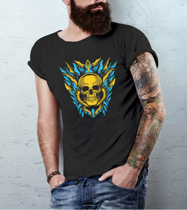 Gold Skull Surrounded By Blue And Gold Flame-like Shield T-Shirt