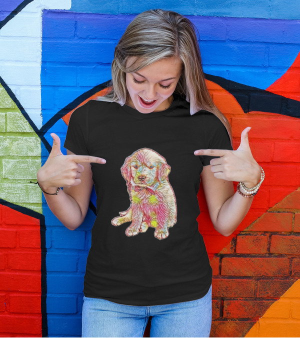 Golden Retriever Puppy Colorful Sketch Wearing Bow Tie T-Shirt
