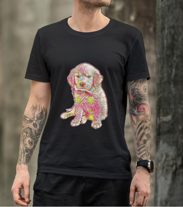 Golden Retriever Puppy Colorful Sketch Wearing Bow Tie T-Shirt
