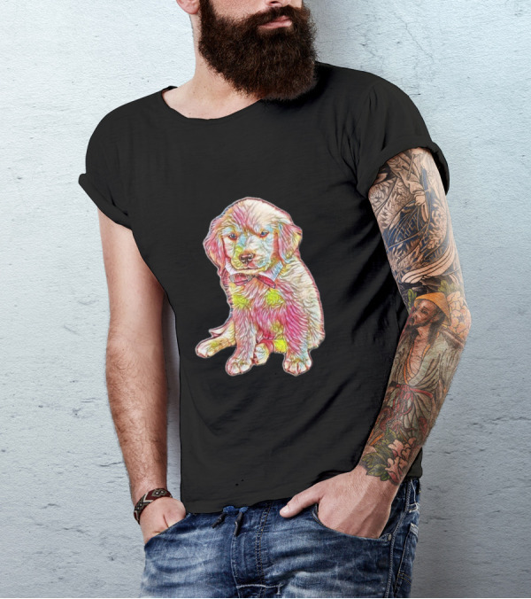 Golden Retriever Puppy Colorful Sketch Wearing Bow Tie T-Shirt