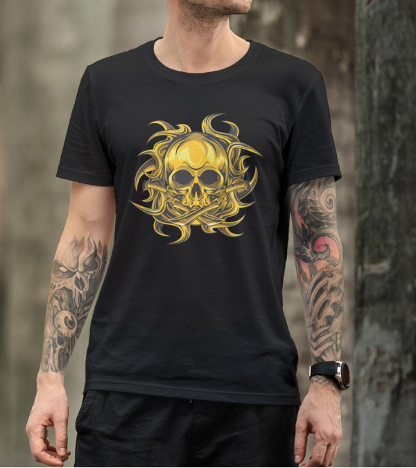Golden Tribal Skull Swords And Flames T-Shirt