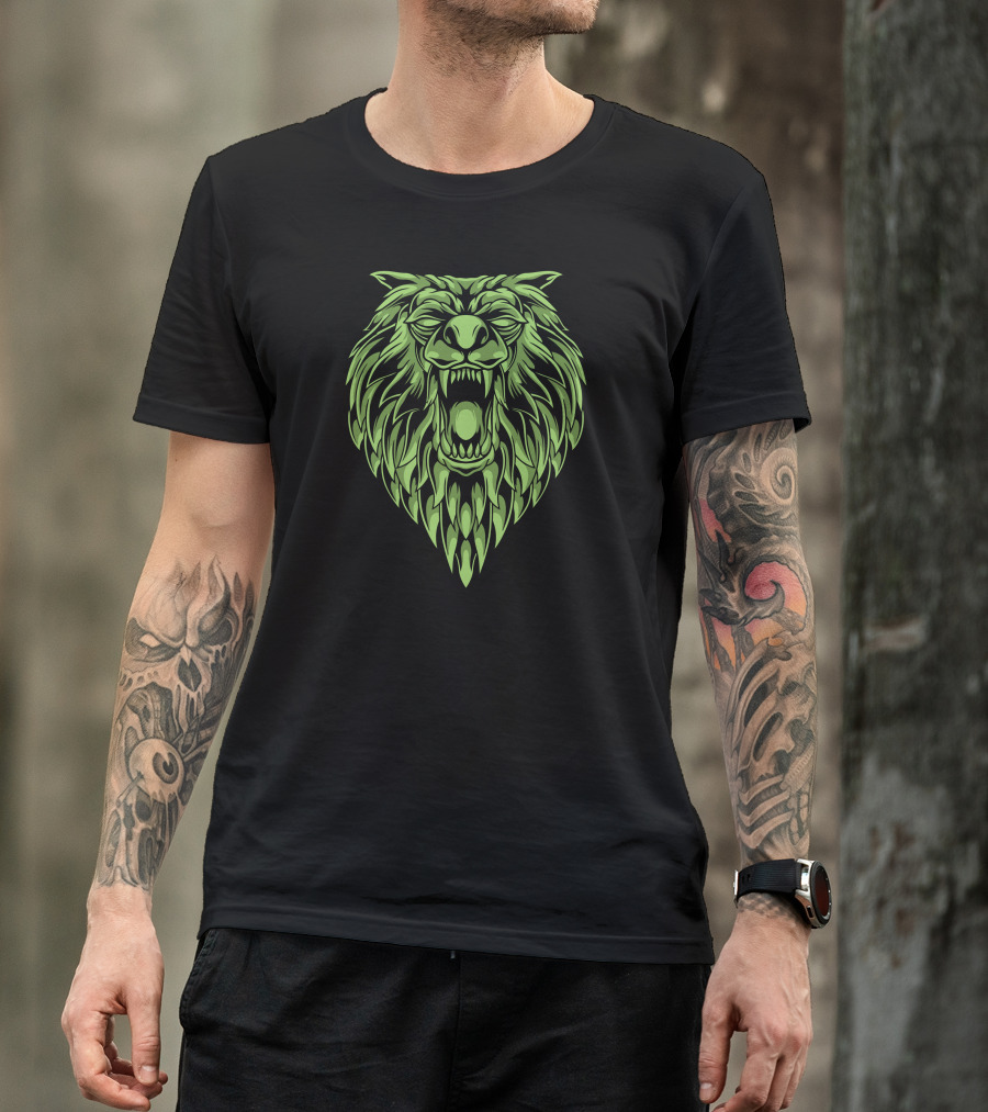 Green Roaring Wolf Head T-Shirt