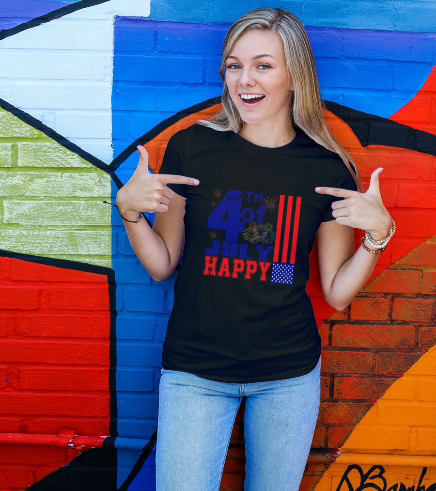 Happy 4Th Of July With Fireworks And Patriotic Symbols T-Shirt