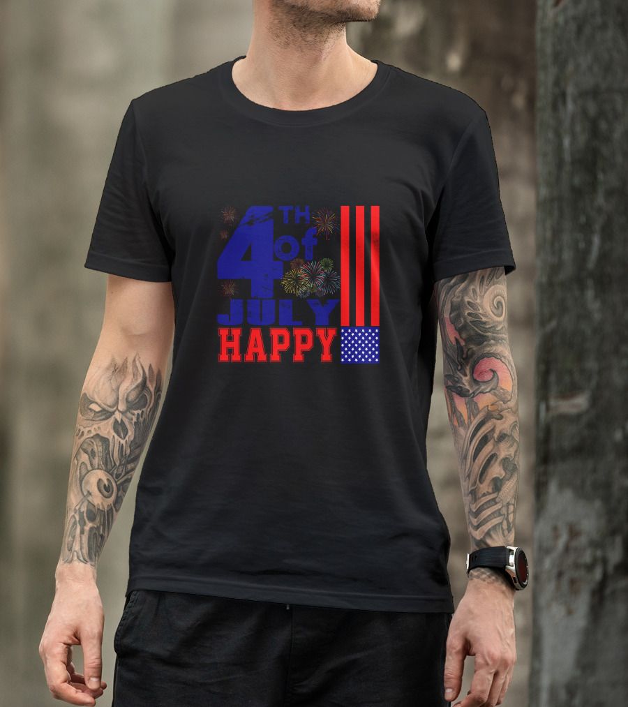 Happy 4Th Of July With Fireworks And Patriotic Symbols T-Shirt