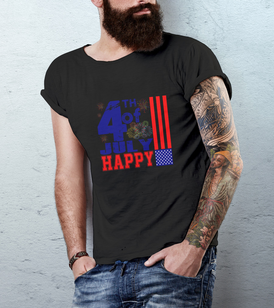 Happy 4Th Of July With Fireworks And Patriotic Symbols T-Shirt