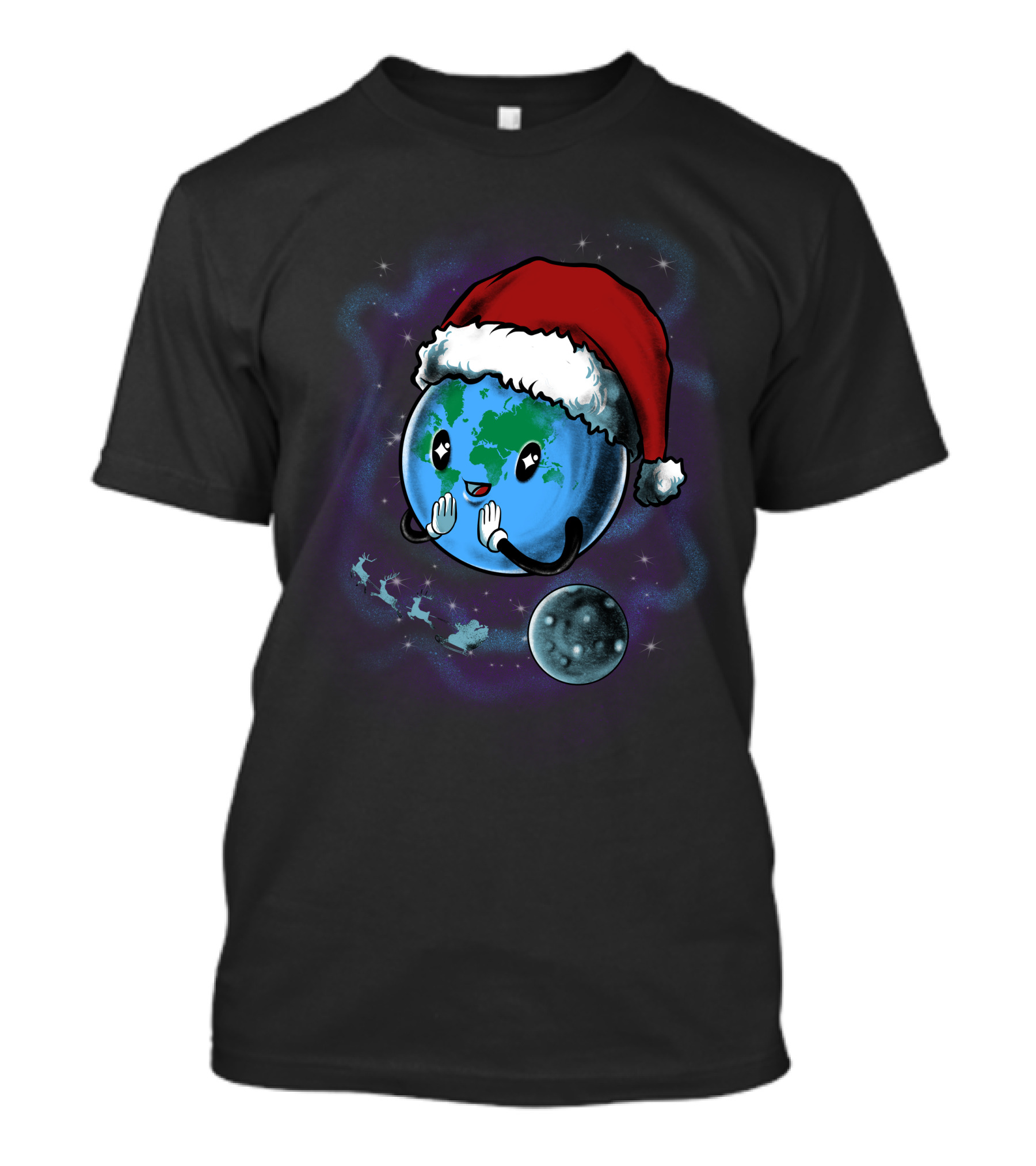 Happy Earth With Santa Hat And Reindeer Moon Scene T-Shirt