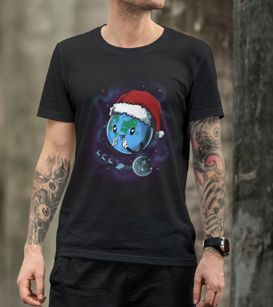 Happy Earth With Santa Hat And Reindeer Moon Scene T-Shirt