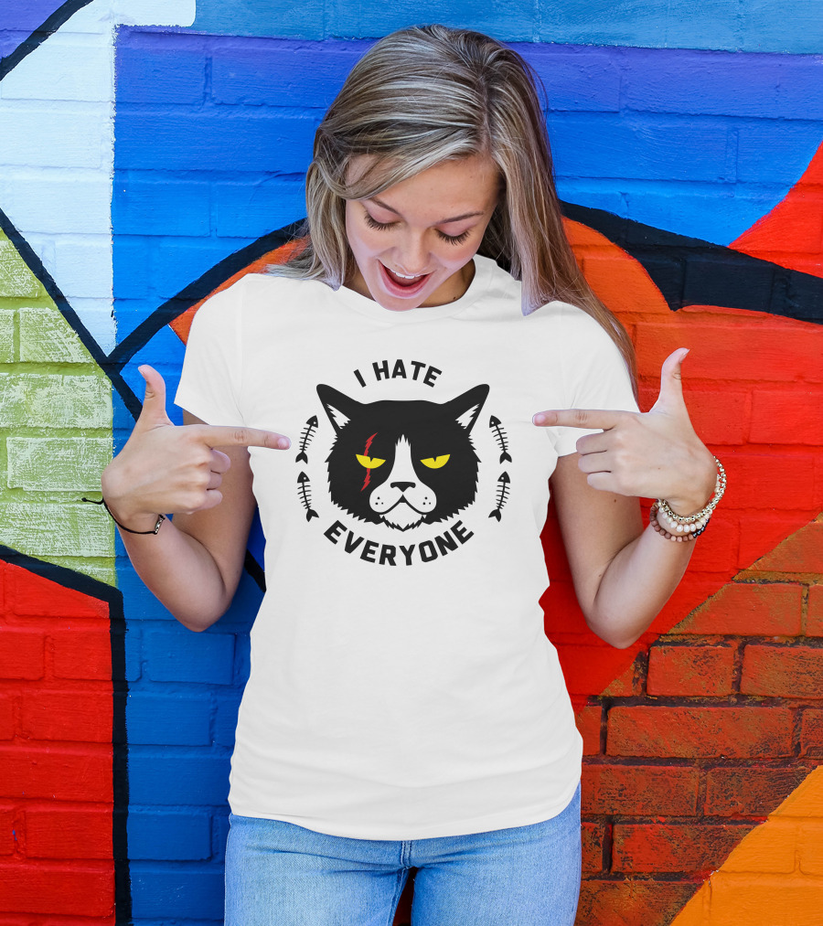 I Hate Everyone Wild Cat With Fishbones And Yellow Eyes T-Shirt