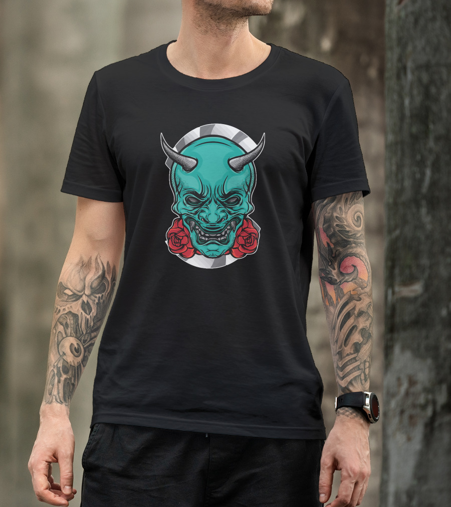 Japan Mask Oni Green Demon Red Roses T-Shirt