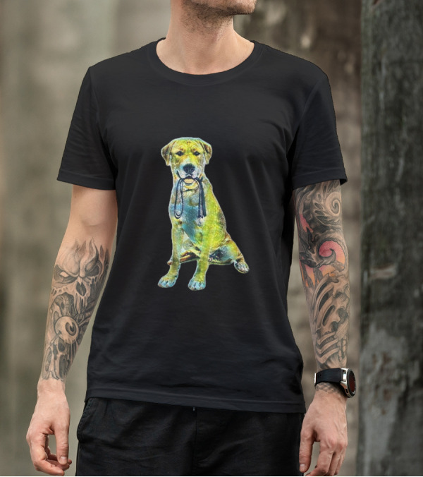Labrador Retriever Dog Holding Black Leash Against White Backdrop T-Shirt