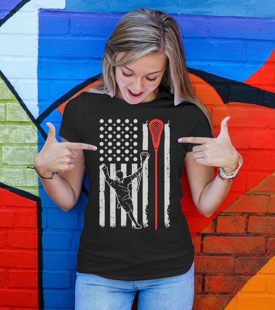 Lacrosse Player American Flag With Red Stick T-Shirt