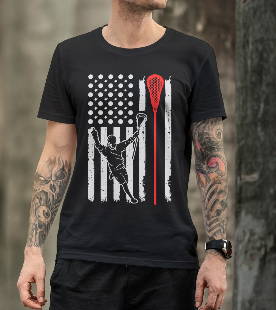 Lacrosse Player American Flag With Red Stick T-Shirt