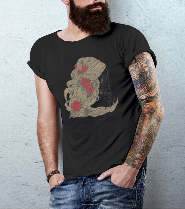 Lady Death Skull With Roses In Hair T-Shirt
