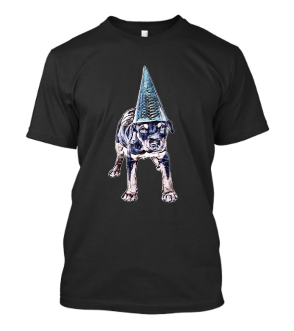 Eight Week Old Mixed Breed Puppy Wearing Blue Party Cone Hat T-Shirt