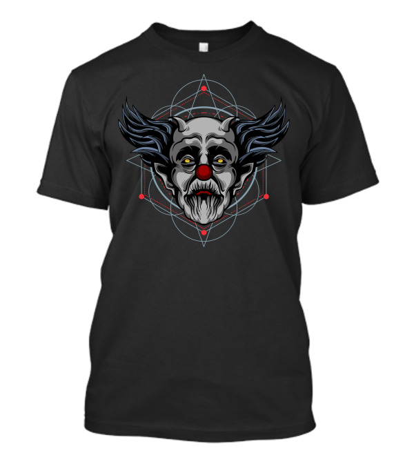 Monster Clown Demon With Red Nose And Pentagram Background T-Shirt