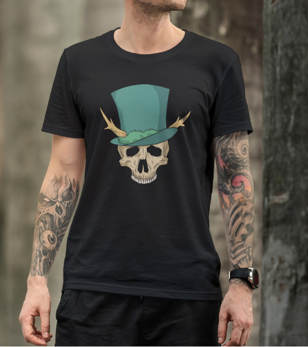 Nice Hat Skull With Green Top Hat And Antlers T-Shirt