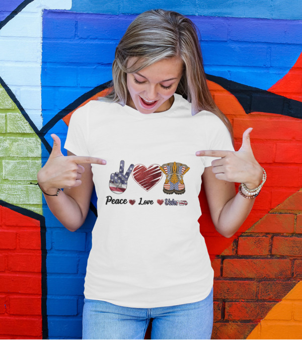 Peace Love Veteran American Flag Heart Boots T-Shirt