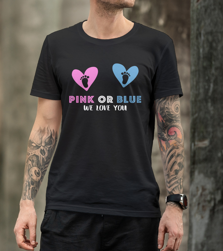 Pink Or Blue We Love You Baby Gender Reveal Hearts And Footprints T-Shirt