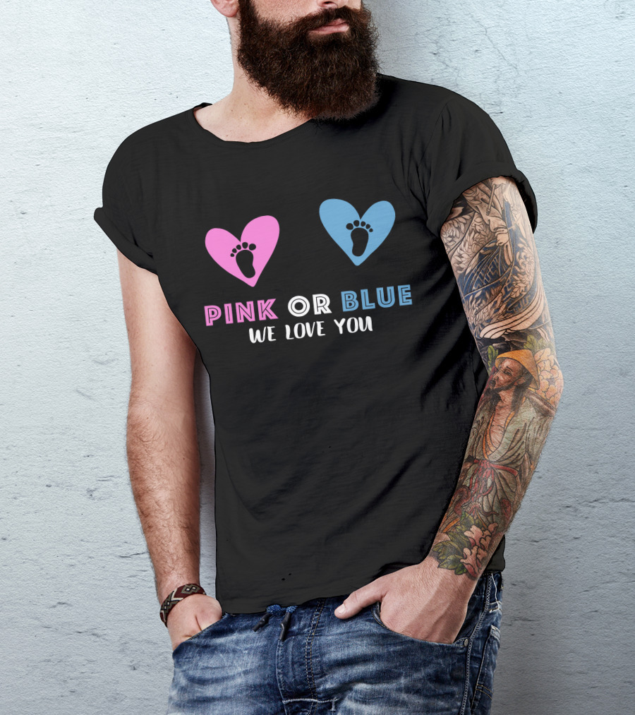Pink Or Blue We Love You Baby Gender Reveal Hearts And Footprints T-Shirt