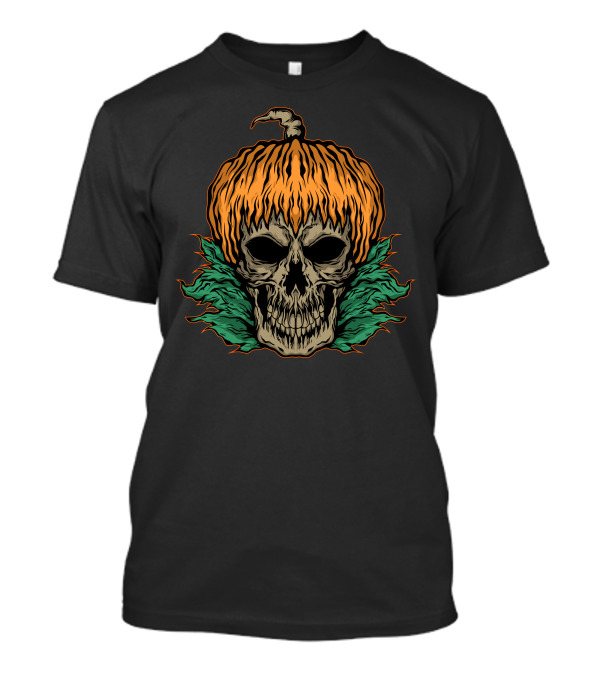 Pumpkin Skull With Green Leaves T-Shirt