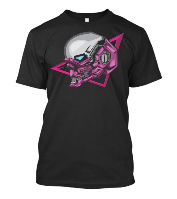 Purple Robot Futuristic Skull With Neon Pink Geometric Accents T-Shirt
