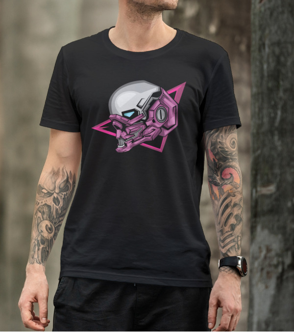 Purple Robot Futuristic Skull With Neon Pink Geometric Accents T-Shirt