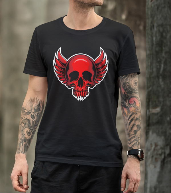 Red Demon Skull With Winged Helm T-Shirt