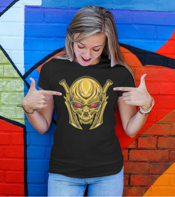 Red Eyed Golden Skull Warrior With Swords T-Shirt