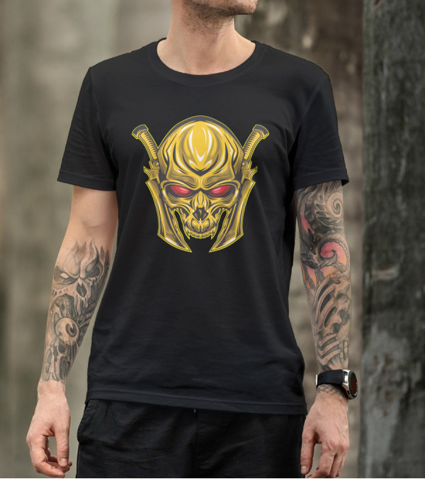 Red Eyed Golden Skull Warrior With Swords T-Shirt