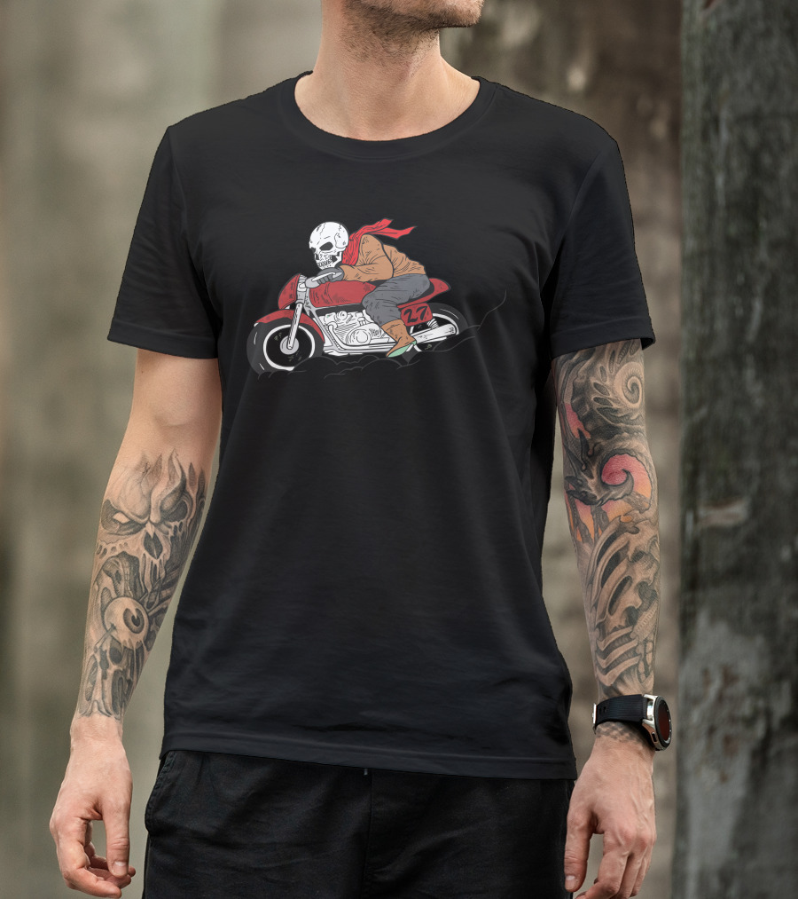Skull Rider 27 On Red Motorcycle With Scarf T-Shirt
