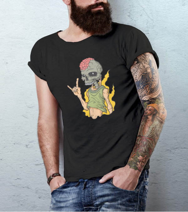 Rock And Skull Undead Hand Gesture On Fire T-Shirt