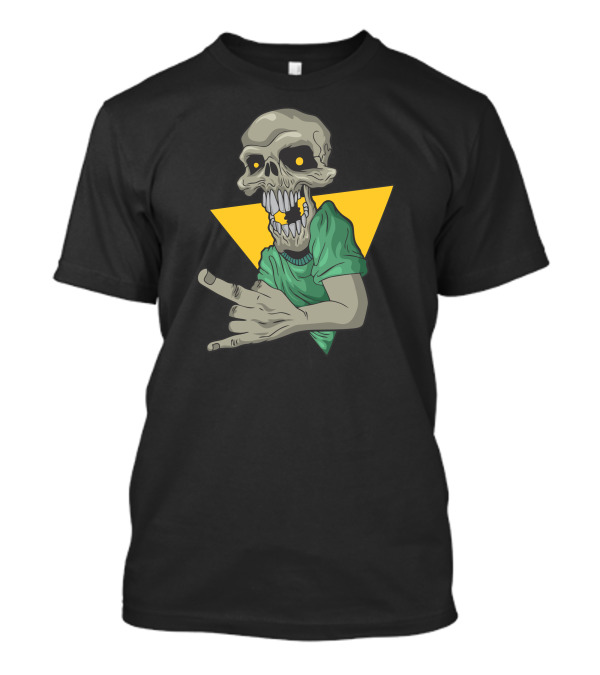 Rockin Skull With Triangle Yellow Background And Skeleton Hand Gesture T-Shirt