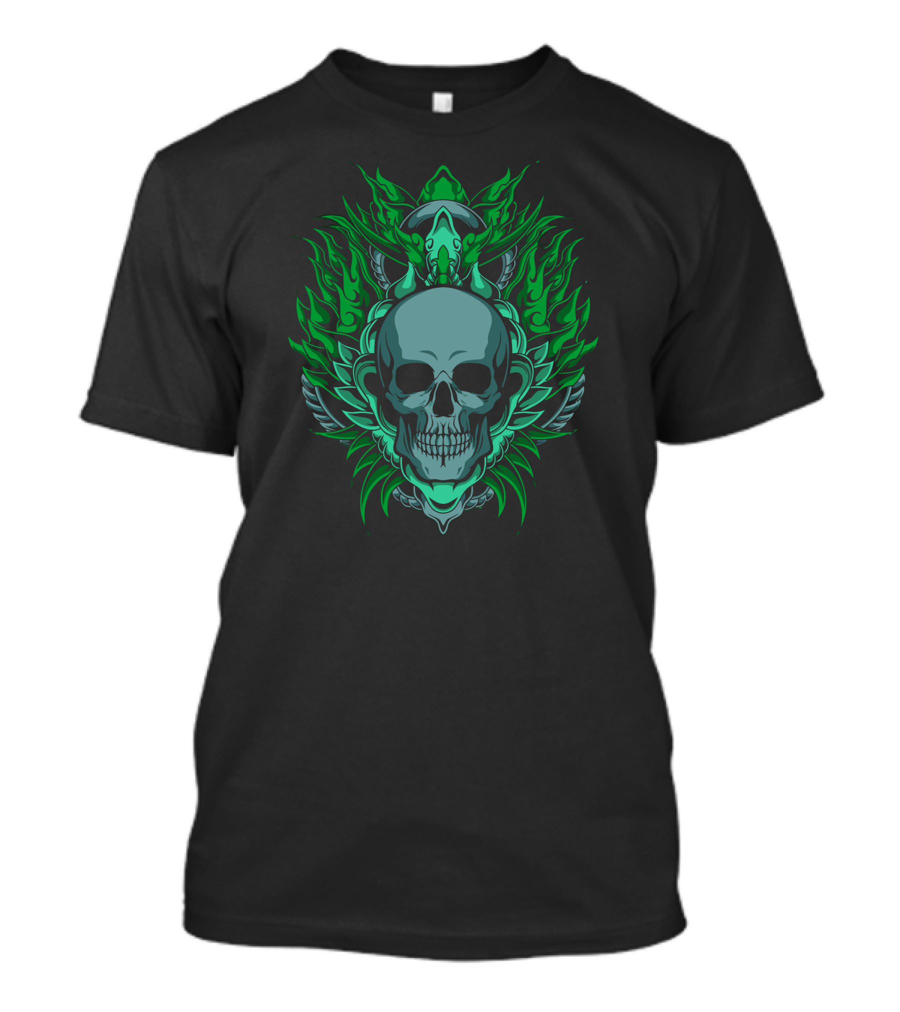 Royal Green Skull Flaming Leaf Motif T-Shirt