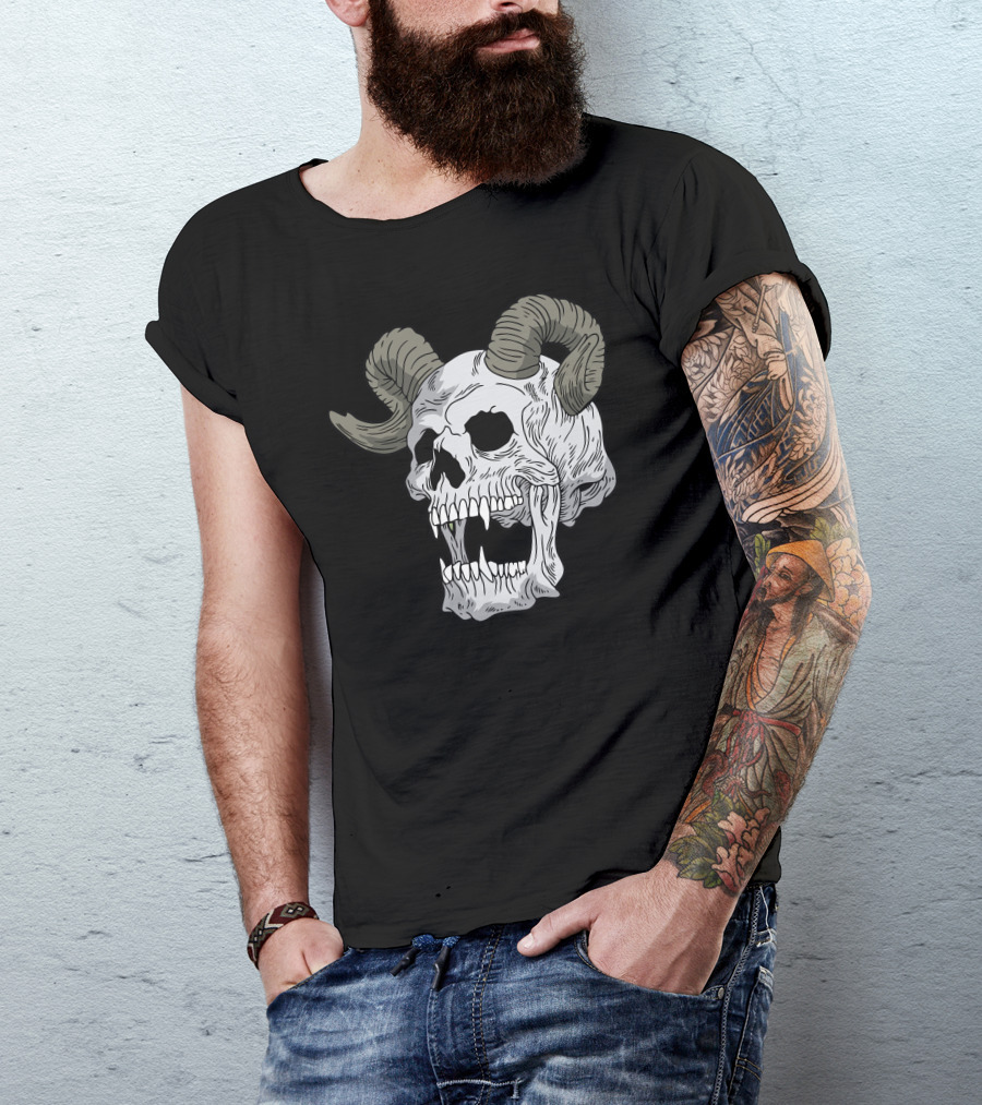 Satan Skull Ram Horns Demon Fangs T-Shirt