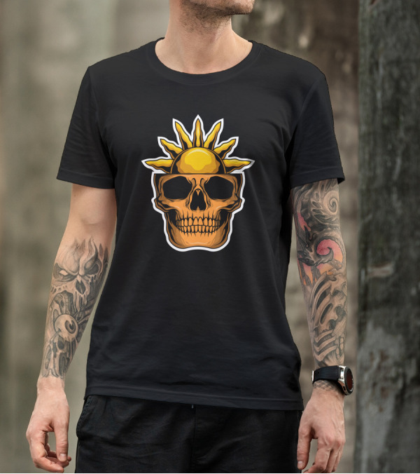 Skull Biker Sun Head Icon With Radiant Sunshine Crown T-Shirt