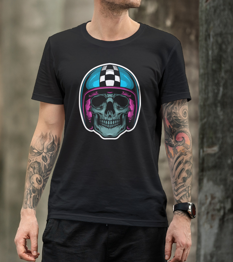 Skull Biker With Checkered Helmet T-Shirt