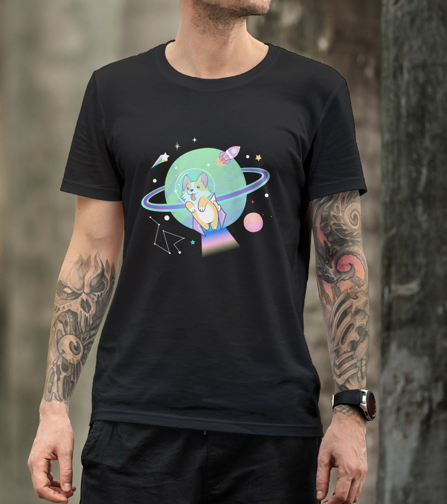 Space Dog Corgi Astronaut With Planets And Rocket In Galaxy Adventure T-Shirt