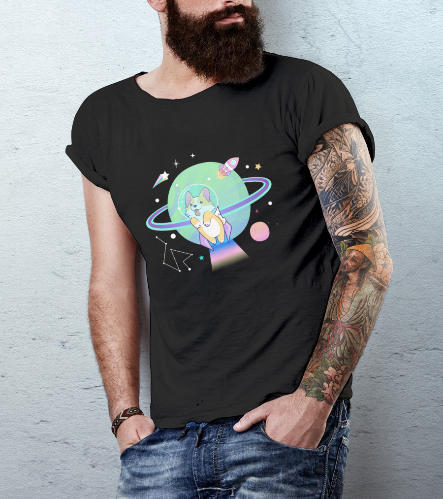 Space Dog Corgi Astronaut With Planets And Rocket In Galaxy Adventure T-Shirt