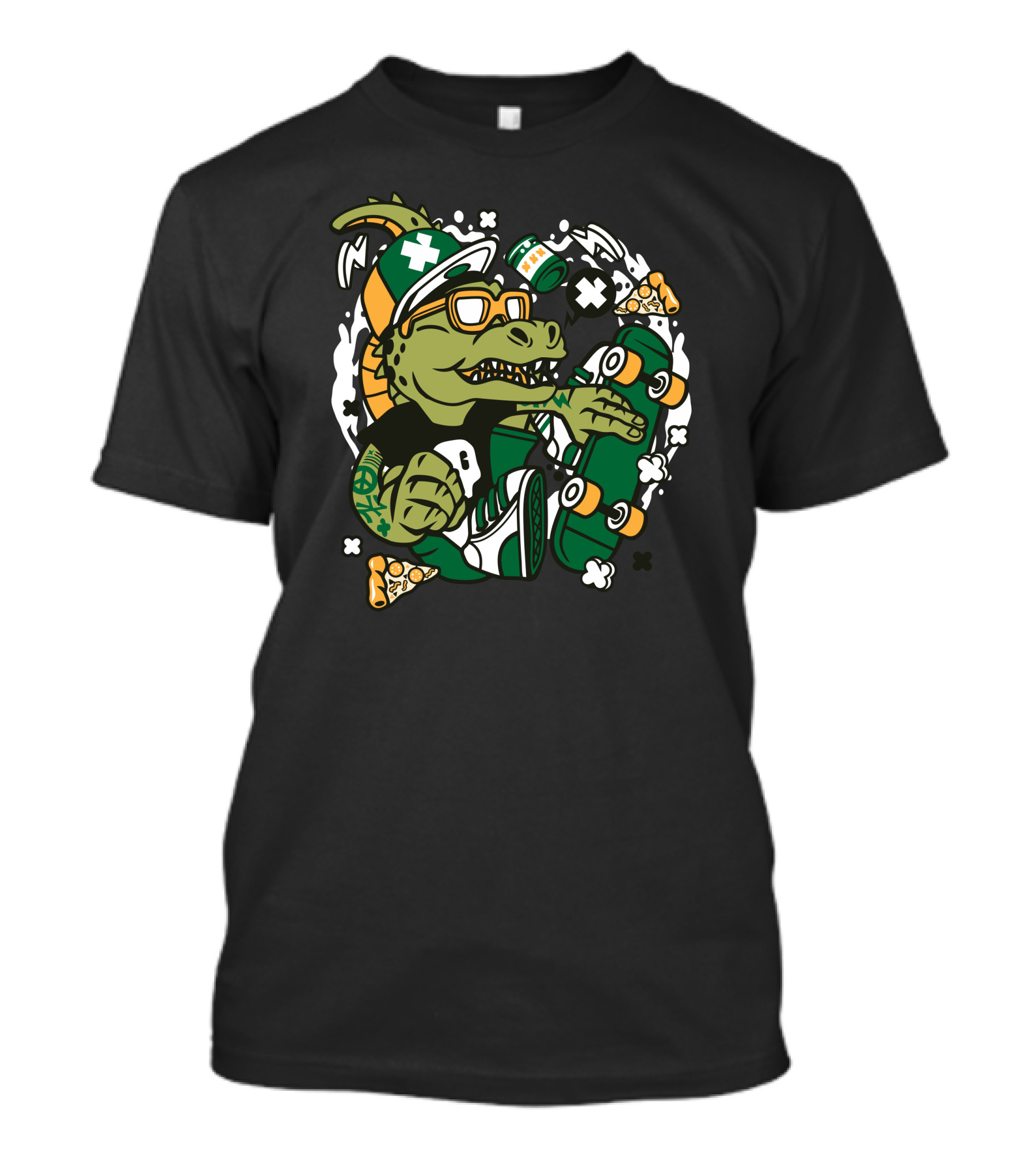 T Rex Skater Pizza Snapback Glasses Skateboard Adventures T-Shirt