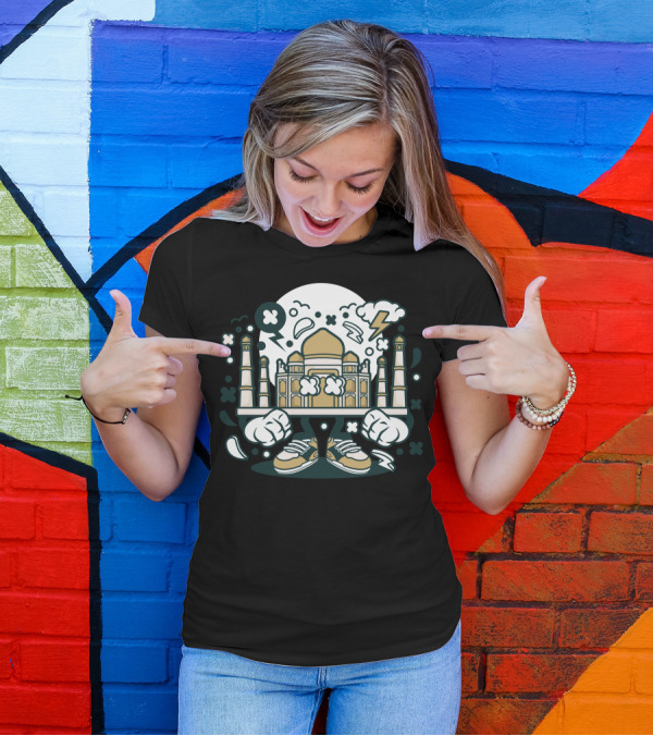 Taj Mahal Pop Art Icon With Lightning Clouds And Sneakers T-Shirt